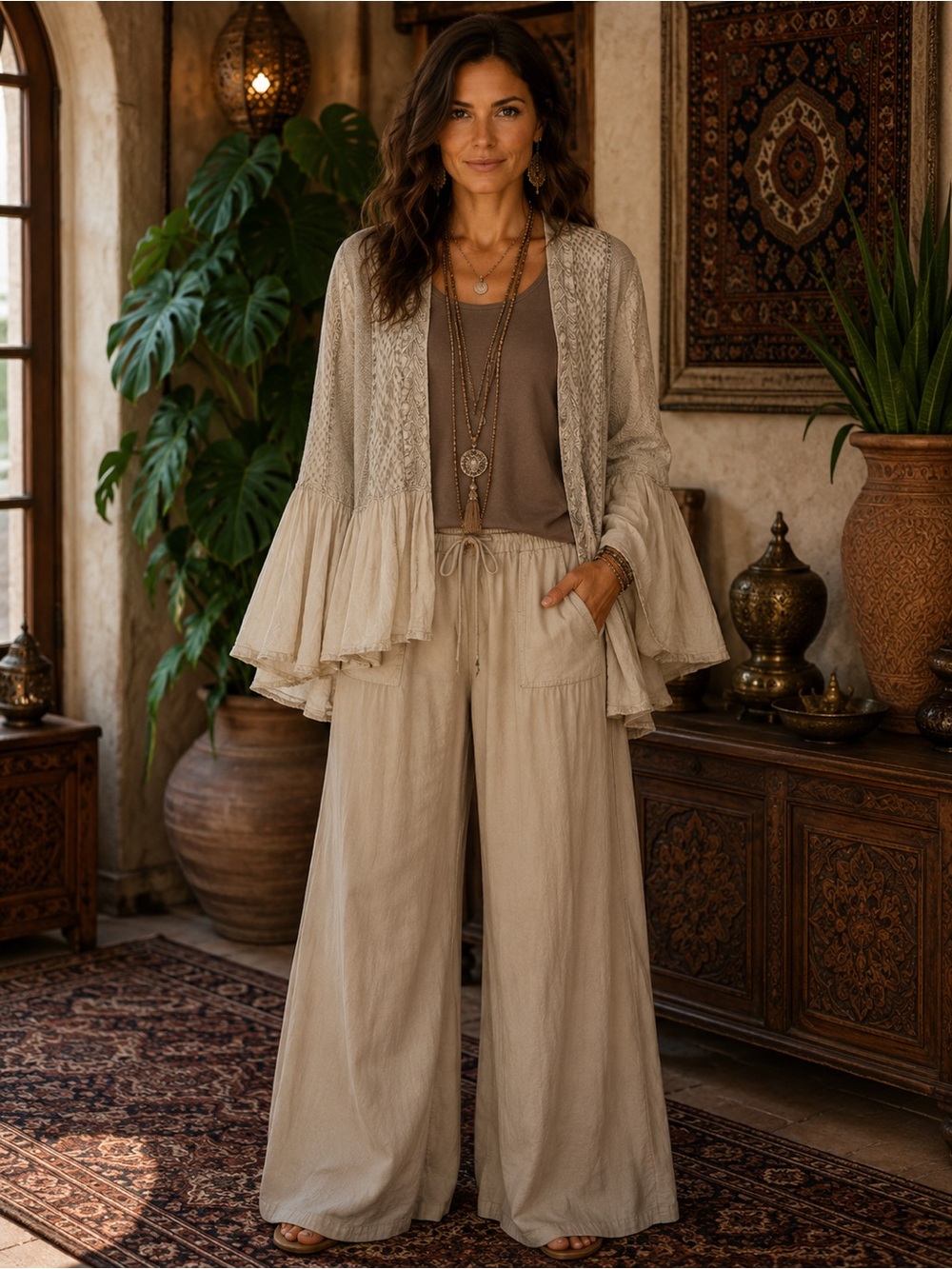 H206 NWT Young Threads M pt23 XL ptp25 Light Taupe Patchwork Boho Open Jacket